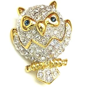 High End Gold and Silver Owl Brooch Blue Eyes
